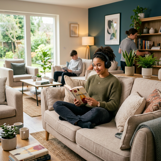 Young person relaxing in a modern shared lounge
