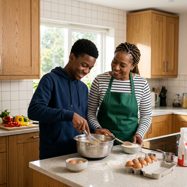Black ethnic teenager learning to cook with a keyworker